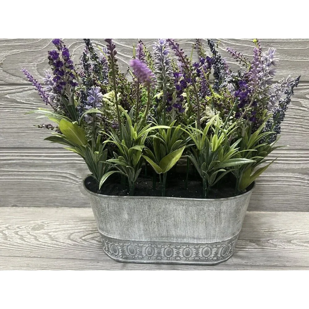 Faux Floral Lavender in Metal Planter Flower Arrangement Spring Cottagecore